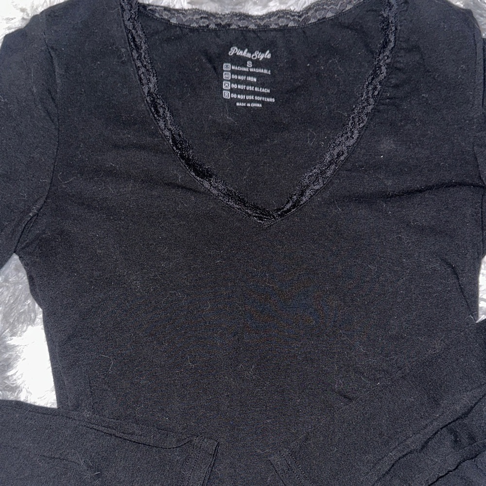 Black Long Sleeve Top with Lace Detail Around Neck - Small